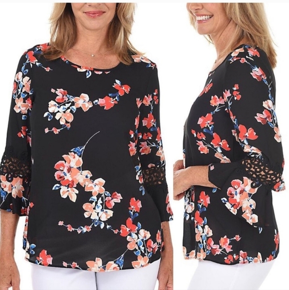 Zac & Rachel Floral Tunic Blouse 1X Plua Black Red Blue Lace Trim Flare Sleeves - Picture 1 of 15